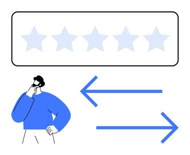 Yıldız derecelendirme çubuğu ve çift yönlü okların yanında değerlendirmeyi, seçimi ve geri bildirim süreçlerini sembolize eden kişi. Karar verme, geri bildirim, reyting, kullanıcı denetimi, karşılaştırma için ideal