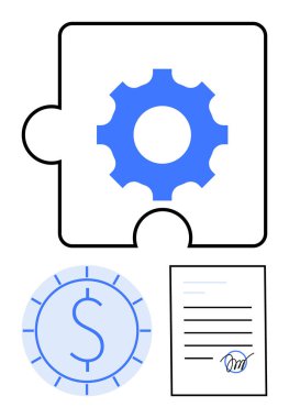 Bilmecenin içindeki ekipman parçası, dolar parası ve imzalanan sözleşmeyle birlikte takım çalışmasına vurgu yapıyor. İş ortaklığı, işbirliği, takım çalışması, süreç optimizasyonu için ideal