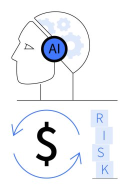 Yapay zeka beyni olan insan profili, oklarda dolar işareti ve RISK blokları. Finans, otomasyon, risk analizi, karar verme, yenilik, veri optimizasyonu için ideal soyut çizgi