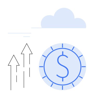 Yükselen oklar, dolar sembolü madeni para ve bulut büyümeyi, yeniliği, finansal başarıyı ve ilerlemeyi vurguluyor. İş, ekonomi, yatırım fintech strateji teknolojisi kar kavramları için ideal