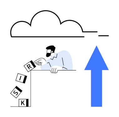 İnsanlar RISK oluşturmak için yığılmış blokları itiyor, mavi ok büyümeyi temsil ederken onların düşmesini engelliyor ve bulut da yeniliği öneriyor. İş için ideal, strateji, başarı, yenilik, risk