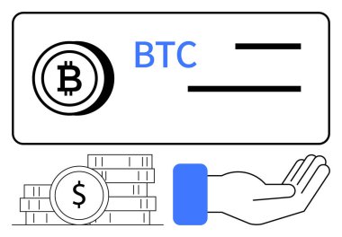 Bitcoin sembolü, para yığını, finansal değişimi vurgulayan bağış el hareketi. Kripto para birimi, işlem, dijital cüzdan, yatırım, bağış fintech engelleme teması için ideal. Düz