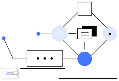 Geometrik şekiller veri akışını, bağlantılılığı ve sistem işlemlerini gösteren çizgilerle bağlantılı. Teknoloji, otomasyon, finans, veri alışverişi, engelleme zinciri, güvenlik dijital