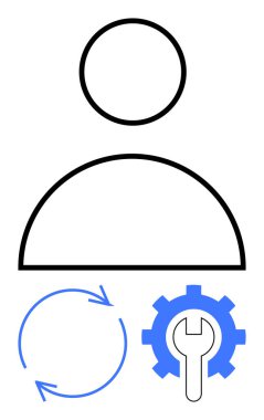 Güncelleme veya yenileme için dairesel okları olan basitleştirilmiş kullanıcı simgesi ve anahtar konfigürasyonu, onarımı ve yönetimi sembolize eden anahtar teçhizatı. Kullanıcı arayüzü, profil ayarları ve iş akışı için ideal