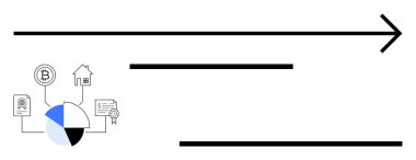 Kara Ok, turta grafiği, emlak, kripto para ve belgelerle birlikte ilerlemeyi sembolize eder. Ticari büyüme, mali planlama, yatırım hedefleri, strateji geliştirme ve başarı için ideal