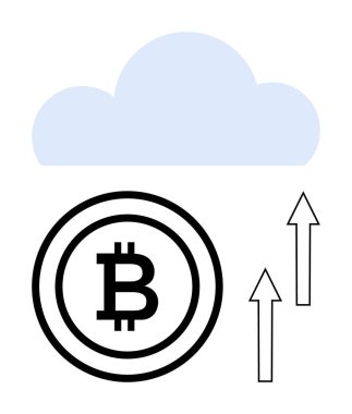 Bitcoin simgesi bulutun altında iki yukarı doğru ok ile şifreli para biriminin yükseldiğini, engelleme zinciri, bulut teknolojisi, veri değişimi, finansal büyüme, merkezi olmayan finans. Fintech için ideal