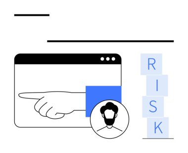 Monitörden uzanan el, RISK blokları ve kullanıcı profili yakınındaki yönleri veya kararları vurgular. Liderlik, yönetim, karar verme, tedbir, iş, risk analizi, soyut
