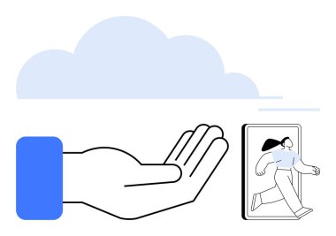 Bulutların altında uzanmış eller, dışarı adım atan akıllı telefonlar. Teknoloji için ideal, bulut depolama, dijital dönüşüm, yenilik, kullanıcı arayüzü, bağlantı geleceği. Düz basit