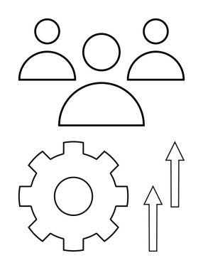 Üç insan figürü, bir vites ve yukarı bakan oklar takım çalışması, yenilik, büyüme, gelişme, strateji, yönetim ve ilerlemeyi temsil ediyor. İş liderliği için ideal verimlilik çok basit.