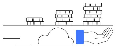 Altında istiflenmiş paraların altında zenginliği, finansal planlamayı veya ekonomik ilerlemeyi sembolize eden bir bulut var. Finans, yatırım, ekonomi, büyüme, tasarruf zenginliği teknolojisi için idealdir. Düz