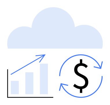 Yukarı doğru ok, bulut sembolü ve dolar işaretli dairesel oklarla büyüyen bar tablosu. Veri analizi, mali yönetim, bulut teknolojisi, iş büyümesi, yatırım, yenilik dairesi için ideal