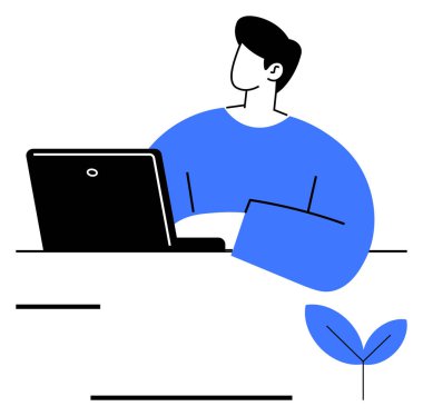 Masasında küçük bir yaprak bitkisi olan dizüstü bilgisayar kullanan adam üretkenliği, büyümeyi, teknolojik yeniliği, odaklanmayı ve profesyonel iş hayatı dengesini sembolize ediyor. Teknoloji, yaratıcılık ve ofis iş akışı için ideal