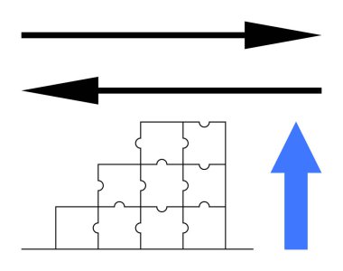 Siyah oklar zıt yönleri işaret ediyor, bulmaca piramidi yapısını engelliyor, ve yukarı doğru büyük mavi ok. Büyüme, strateji, ilerleme, takım çalışması, kontrast karar verme başarısı için idealdir. Düz basit