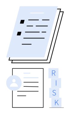 Yığınla kağıt, kişisel profil kağıdı ve birikmiş RISK blokları. İş planlaması, denetim, uyum, değerlendirme, risk yönetimi, veri gözden geçirme düz metaforu için ideal