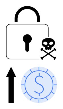Kafatası ve çapraz kemikli asma kilit güvenlik risklerini temsil ediyor. Dolar parası ve yükselen ok finansal büyümeyi sembolize ediyor. Veri koruması, kötü amaçlı yazılım, dolandırıcılık önleme, mali
