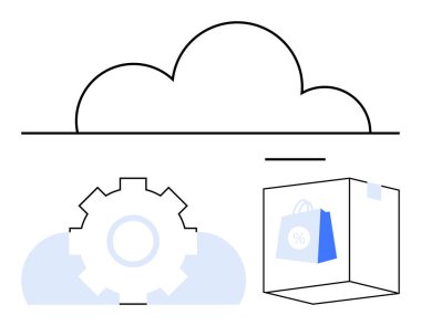 Teçhizat üstü bulut ve alışveriş torbası çevrimiçi perakende çözümleri temsil ediyor. Ekommerce, bulut hesaplama, perakende yenilik, otomasyon, teknoloji, yazılım, soyut düz metafor için ideal