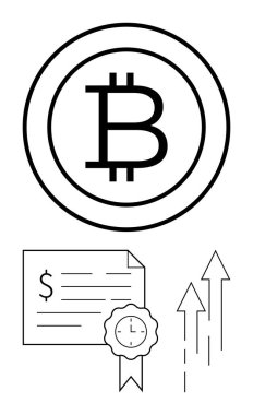 Bitcoin logosu, dolar işareti ve kurdeleli finans sertifikası ve yükselen oklar kripto para birimini, yatırımı, büyümeyi, finansal başarıyı temsil ediyor. Engelleme zinciri, fintech, dijital için ideal