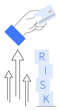 RİSK blokları ve yükselen oklar yanında kredi kartıyla. Finans, bankacılık, yatırım, iş riski, büyüme, ödeme, karar verme için ideal. Soyut çizgi düz metafor