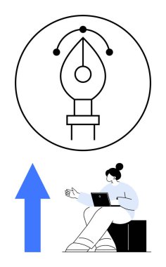 Dairesel çerçevede kalem aracı grafik sembolü ve dizüstü bilgisayarda çalışan kadın, yaratıcılığı, tasarımı ve işbirliğini temsil ediyor. Tasarım, teknoloji, eğitim, yaratıcılık, iş ekibi çalışması için ideal