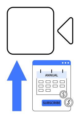 Kamera simgesi, yukarı doğru ok ve abonelik düğmesi ve bozuk paralarla takvim arayüzü. Medya büyümesi için ideal, SaaS, para, planlama, bütçe, iş stratejisi düz metafor