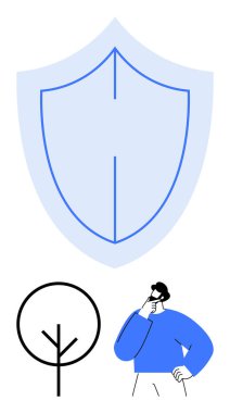 Mavi gölgeli kalkan, asgari ağaç, fikirleri düşünen adam. Güvenlik, koruma, sürdürülebilirlik, çevre, farkındalık, risk yönetimi için idealdir. Düz basit metafor