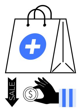 Tıbbi sembollü alışveriş torbası, el ele para, ve aşağı doğru satış oku. Sağlık, eczane, e-ticaret, indirimler, uygun fiyatlı perakende bütçeler için idealdir. Düz basit metafor