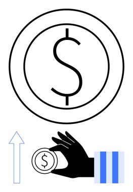 Dolar işaretiyle el ele tutuşan para, arka planda büyük para, ve başarıyı, karı, tasarrufu, ekonomiyi, pazar eğilimlerini, girişimciliği, düz basit metaforu temsil eden yukarı doğru ok.