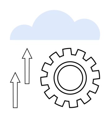 Teknolojiyi, yeniliği, ilerlemeyi, otomasyonu, verimliliği, büyümeyi, optimizasyonu gösteren dişli ve yukarı doğru oklar. İş veri sistemleri için ideal bulut hesaplama kavramları. Düz basit
