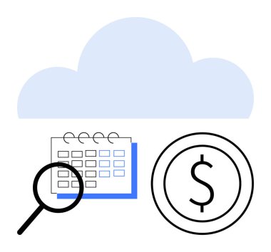 Büyüteç takvim, dolar parası ve bulut fon odaklı. Finans, bütçe takibi, bulut hizmetleri, veri analizi, planlama çevrimiçi sistemler için ideal. Düz basit metafor