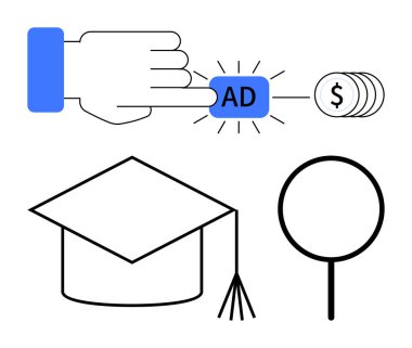 İdari İşler Müdürlüğü rozeti, kazancı simgeleyen madeni paralar, mezuniyet şapkası, büyüteç. Pazarlama, eğitim, e-öğrenme, analitik, promosyon araştırma finansmanı için ideal sade metafor