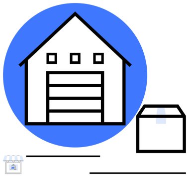 Mühürlü bir kutunun yanında üç penceresi ve garaj kapısı olan bir depo. Lojistik, nakliye, depolama, teslimat, envanter, perakende tedarik zinciri ve e-ticaret için ideal. Basit bir metafor.