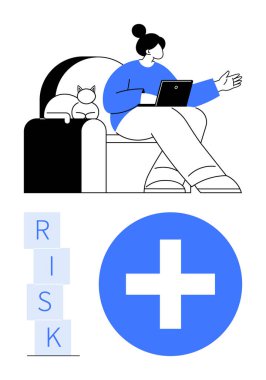 Yanında bir kedi yatarken dizüstü bilgisayarı olan bir kadın el kol hareketi yapıyor. Yığınla risk bloğu ve mavi bir sağlık sigortası artı sembolü içeriyor. Güvenlik, sağlık, denge, karar verme, uzak çalışma için ideal