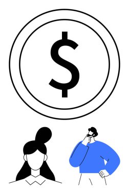 Yuvarlak bir çerçevenin içindeki dolar işareti iki kişinin kafasının üstünde. İş, finans, strateji, kariyer, yatırım, ekonomi, tasarruf için idealdir. Basitleştirilmiş düz metafor