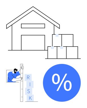 Depo ve istiflenmiş kutular, yazım engeli taşıyan kişi RISK, mavi yüzde işareti. Lojistik, risk yönetimi, finans, iş stratejisi, yatırım dengesi için ideal. Soyut