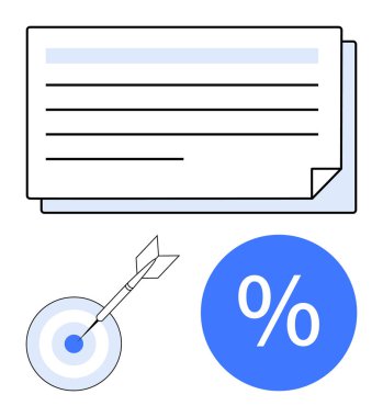 Planlamayı temsil eden belgeler, hedefleri sembolize eden dart dartları, indirimler için yüzde işareti. İş stratejisi için ideal, hedefe ulaşmak, mali planlama, görev yönetimi, başarı
