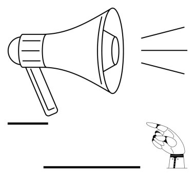 Ses dalgaları yayan megafon ve düğmeye basan robot el. İletişim, teknoloji, mesaj iletimi, otomasyon, yapay zeka etkileşimi, kamuoyu duyurusu, yenilik için ideal. Düz basit