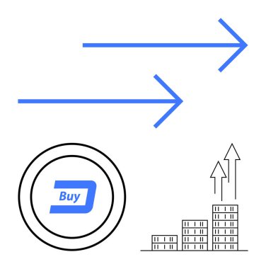 Yukarı doğru hareket eden oklar, Dash logosuyla satın alma düğmesi ve artan eğilimli bar tablosu. Kripto para birimi, finans büyümesi, ticaret kavramları, yatırım eğilimleri, analitikler, engelleme zinciri için ideal