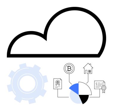 Büyük bulut ana hatları dişli bileşeni ve ağ diyagramı ile kripto para birimini, konutu ve sertifikayı birbirine bağlıyor. Teknoloji, finans, yatırım, engelleme zinciri ve analitik için ideal