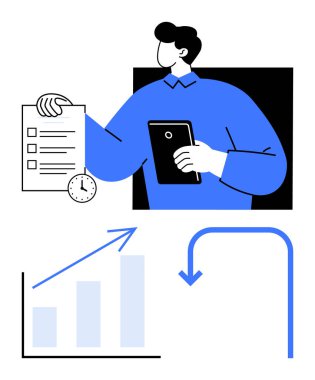 Kontrol listesini inceleyen ve içinde saat olan bir tablet tutan kişi, büyüyen bar çizelgesi ve ilerlemeyi gösteren bir ok. Planlama, iş akışı, verimlilik, proje yönetimi, analitik ve üretkenlik için ideal