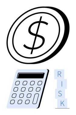 RİSK yazarken yığılmış blokların yanında hesap makinesinin üstündeki dolar parası. Finans, muhasebe, risk yönetimi, yatırım, bütçe, analiz, stratejik planlama için ideal. Soyut çizgi düz metafor