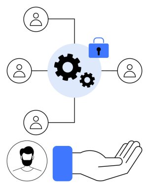 Vites sistemi kullanıcıları açık bir elin üstündeki kilit ile temsil edilen güvenliğe bağlar. Takım çalışması, işbirliği, güvenlik, güven, yenilik, bağlantı ve teknoloji için ideal. Düz basit metafor