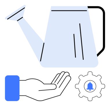 Sulama, bakım anlamına gelebilir, el, desteği sembolize eder, ve optimizasyon için bir çan ile donanım. Sürdürülebilirlik, işbirliği, büyüme, bakım, verimlilik farkındalığı takım çalışması için ideal. Düz