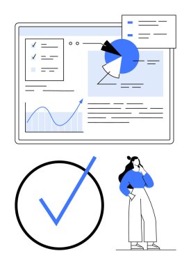 Çizelgeli dijital gösterge paneli, büyük işaret ve tablet tutan düşünceli bir kadın. Planlama, analitik, üretkenlik, strateji, hedef izleme, görsel veri yorumlaması için ideal