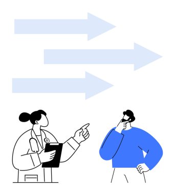 Elinde dosya olan doktor üç okun yanında düşünceli bir hastayla seçenekleri tartışıyor. Sağlık, karar verme, rehberlik, ilerleme, iletişim, seçimler için ideal