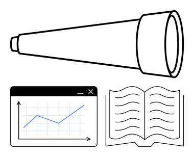 Keşif için teleskop, veri analizi için analitik grafik ve bilgi için açık kitap. Araştırma, eğitim, keşif, analiz, yenilik planlama için idealdir. Düz basit metafor