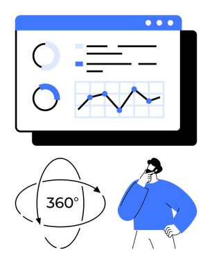 Analitik gösterge paneli turta grafikleri, çizgi grafikleri ve 360 derecelik oklar gösteriyor. Veri içgörüleri üzerine bireysel tefekkür. Analiz, araştırma, karar verme ve etkileşimli veriler için ideal