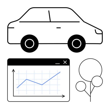 Siyah ve beyaz araba çizgisi, yukarı doğru eğilimli çizgiler, ağaçlar. Ulaşım planlaması için ideal, çevresel etki, çevre dostu teknoloji, sürdürülebilirlik, iş verileri, yeşil enerji düzlüğü