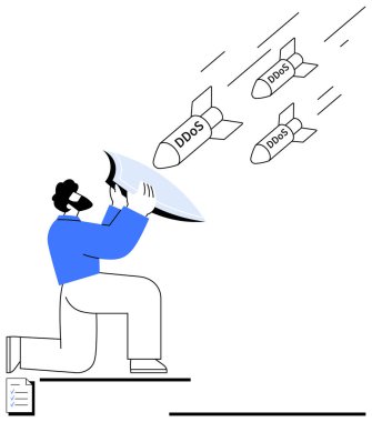 DDoS tehditlerini kalkan kullanarak önleyen bir kişi var. Siber güvenlik, koruma, çevrimiçi güvenlik, savunma, bilişim çözümleri, dijital güvenlik, tehdit yönetimi için ideal. Düz basit metafor