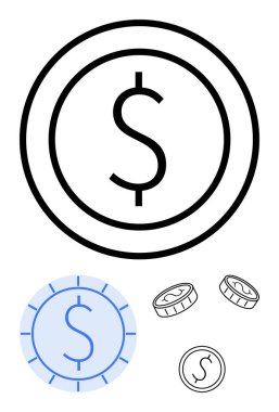 Yazılı paranın dolar işareti, mavi gölgeli versiyon ve küçük paralar. Finans, ekonomi, yatırım, tasarruf, bankacılık, ticari kripto para birimi ve düz basit metafor için ideal
