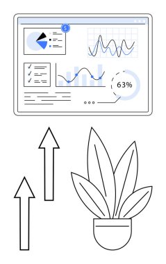 Veri analiz ekranı grafikleri, grafikleri ve ölçümleri gösteriyor. Yukarı ok ve saksı bitkisi gelişimi, başarıyı ve sürdürülebilir büyümeyi temsil ediyor. İş, strateji ve performans için ideal